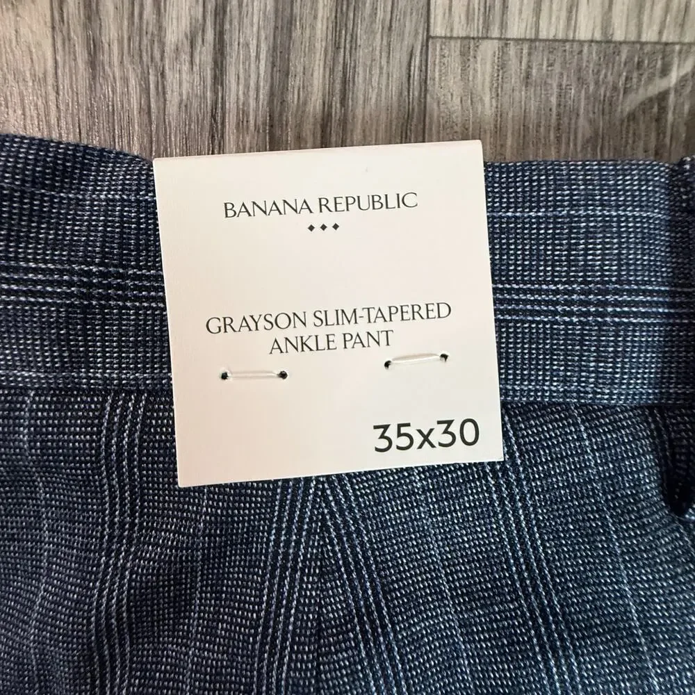 Banana Republic Grayson Slim Tapered Ankle Pants Men's 35x30 Blue Plaid NWT